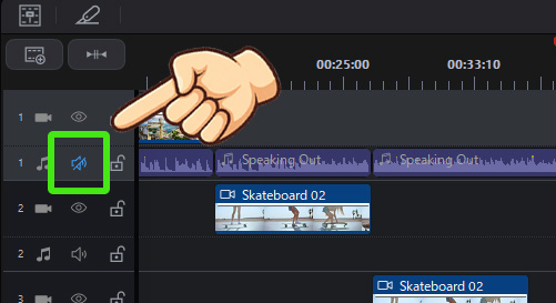 PowerDirectorで音が出ない！音声が聞こえない場合のトラブルガイド　タイムライン左側のスピーカーアイコンがミュートになっていないか